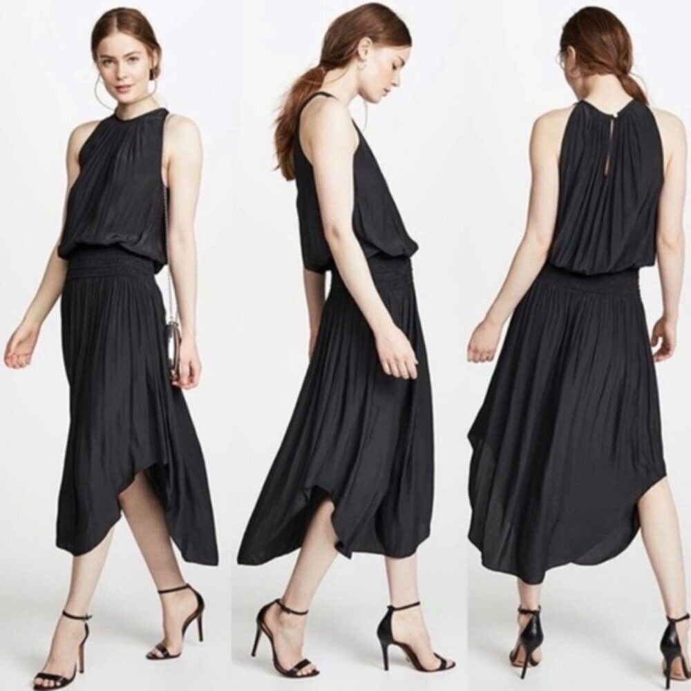 Ramy Brook Audrey Black Smocked Waist Sleeveless Halter Jewel Neck Midi Dress S
